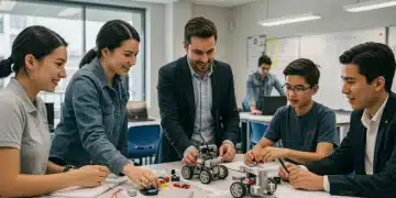 Students and educators collaborating on a STEM project in a high-tech classroom, highlighting federal grant impact.