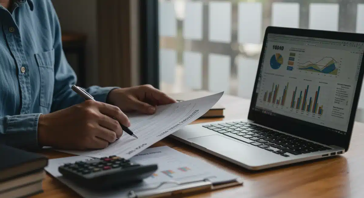 Individual analyzing tax documents and financial data on a laptop, representing tax planning.
