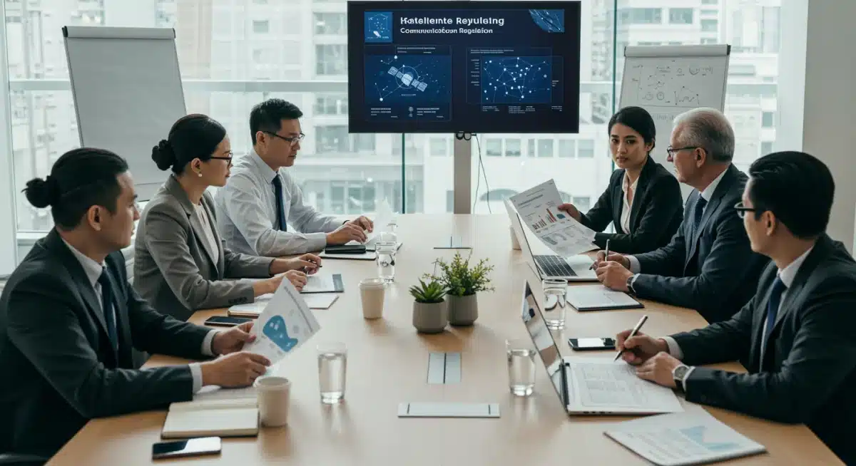 Business leaders discussing new satellite communication regulations and compliance strategies