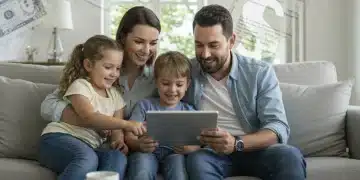 Happy family with two children on a couch, symbolizing financial stability from the Child Tax Credit.