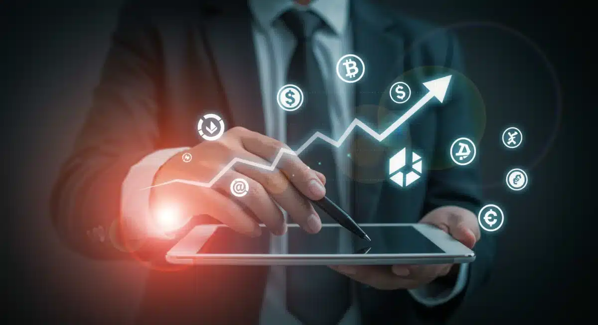 Financial chart with crypto icons and a hand highlighting tax implications on a tablet.