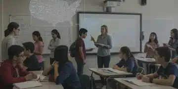 Students learning in a diverse classroom with a US map, symbolizing education standards
