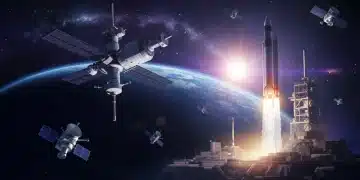 Futuristic space station above Earth with rockets from US launchpad, symbolizing federal space initiative