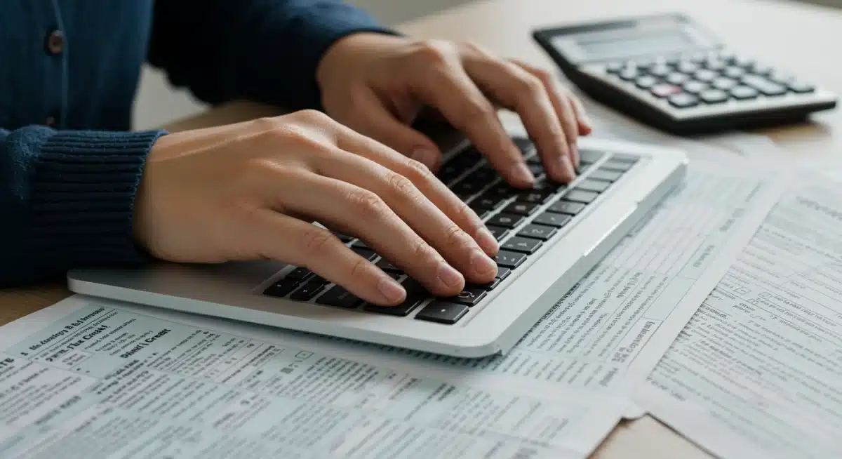 Hands typing on a laptop with tax forms, illustrating the tax filing process for Child Tax Credit.