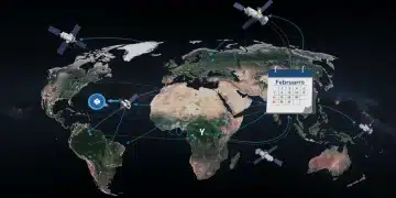 Global satellite network with regulatory overlay and February 2025 calendar mark