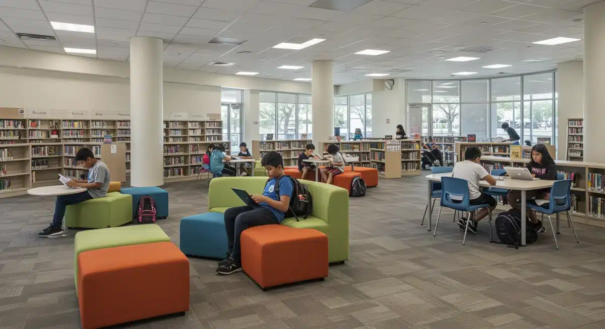 Modern school library with diverse students accessing educational resources