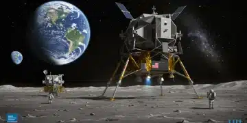 Futuristic lunar lander descending to Moon's surface, representing NASA's new commercial partnerships.