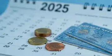 Social Security benefits 2025 calendar with coins and card