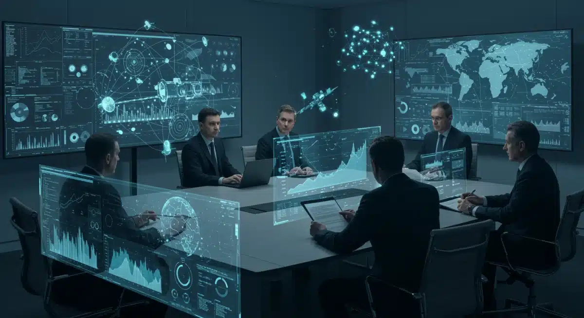 Officials discussing strategic space defense plans in a high-tech conference room.