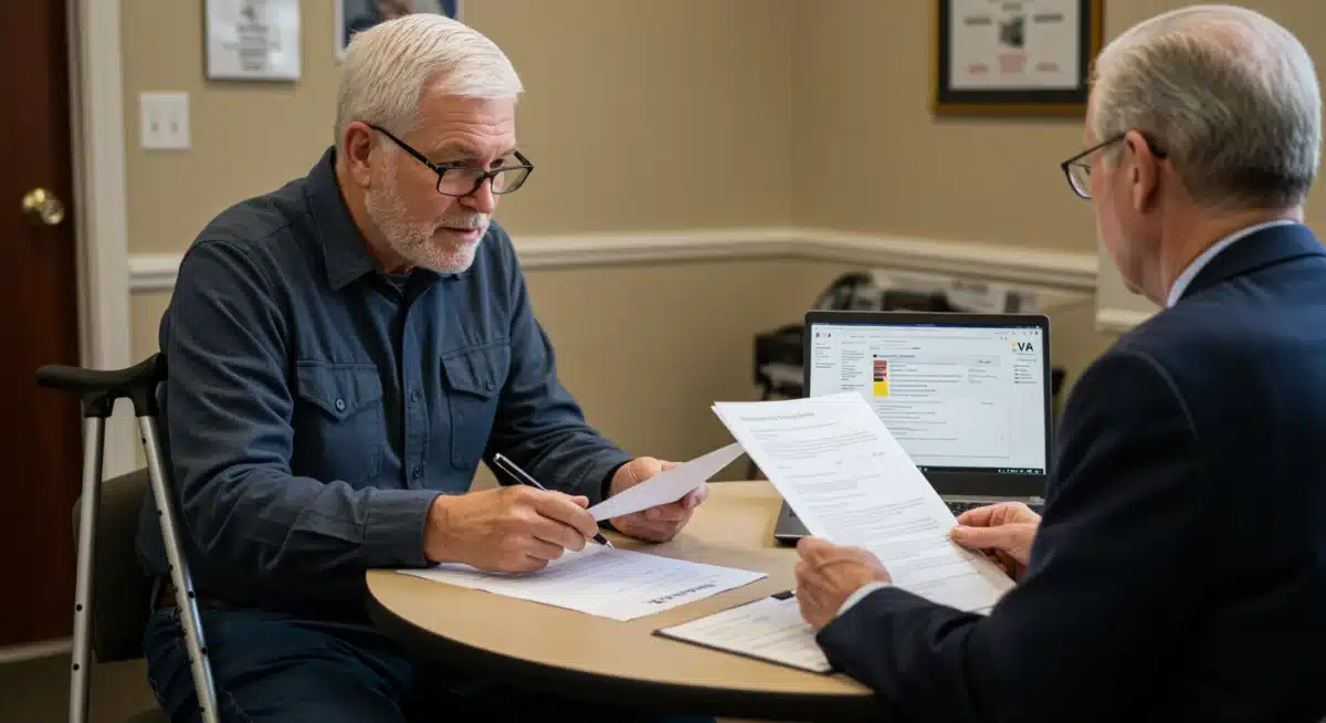 Veteran reviewing benefit documents with VA representative