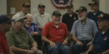 Diverse veterans smiling in community center, highlighting support and inclusivity