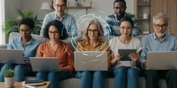 Adults learning on various online platforms in a modern setting