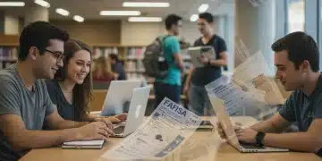 College students studying and discussing FAFSA changes in a library