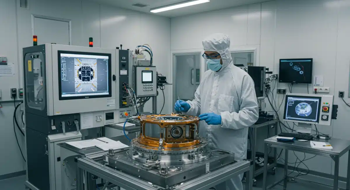 Engineers assembling spacecraft components in a cleanroom, highlighting precision in space technology development.
