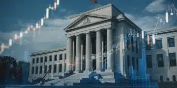 Federal Reserve building with financial graphs and charts, representing interest rate projections and economic impact.