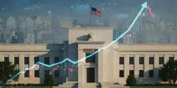 Federal Reserve building with financial graphs, symbolizing 2026 interest rate forecast impact on US economy.