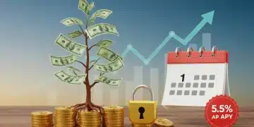 Money tree growing from coin stack, symbolizing profitable CD investments in Q1 2025 with 5.5% APY.