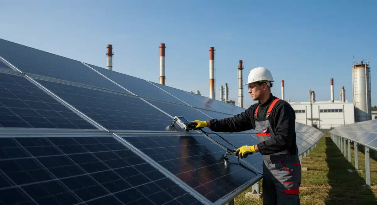 Technician working on solar panels, symbolizing renewable energy vocational training