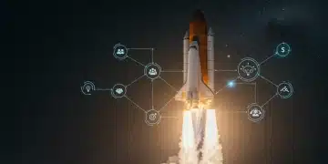 Modern rocket launching with digital data overlays, symbolizing streamlined space regulations.
