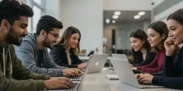 Students using EdTech tools for active learning in a university classroom