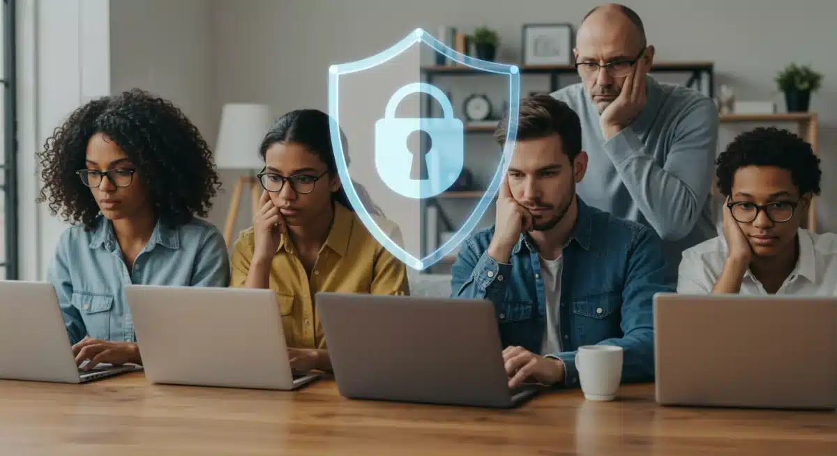 Family concerned about online security, digital shield protecting devices.