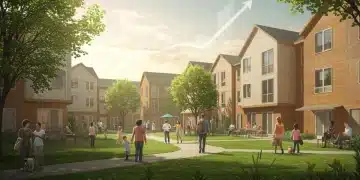 Vibrant community with new affordable housing units, symbolizing growth and accessibility.