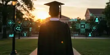 Graduate with AI digital overlay on a university campus, symbolizing the future of education and work.