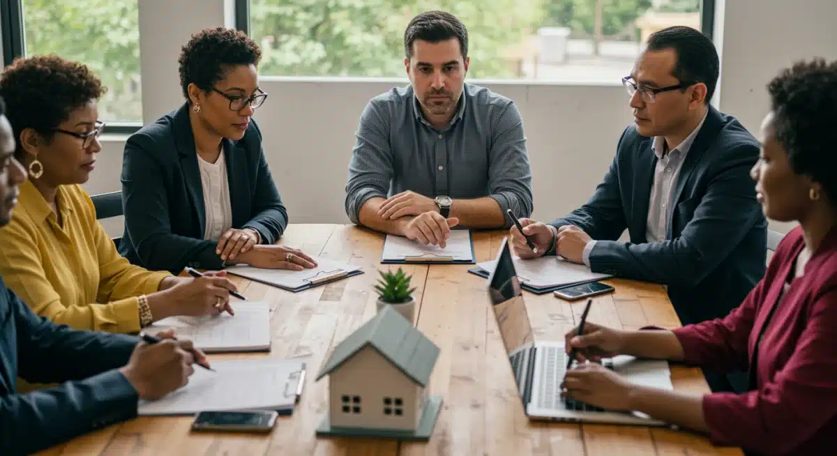 Community leaders and residents discussing housing policy development and solutions.