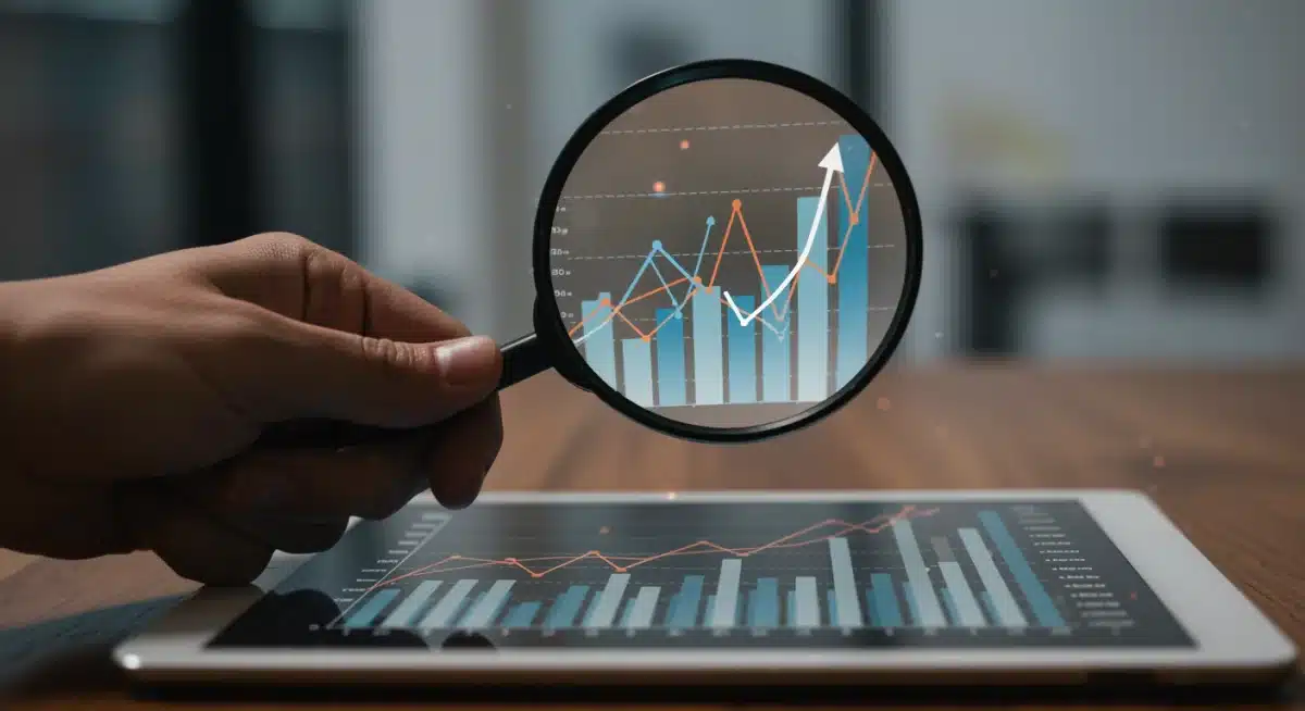 Magnifying glass over economic charts, symbolizing analysis of recovery data.