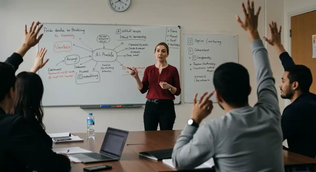 Educator leading a class discussion on ethical AI and critical thinking in a modern university setting.