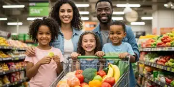 Family happily grocery shopping with increased SNAP benefits