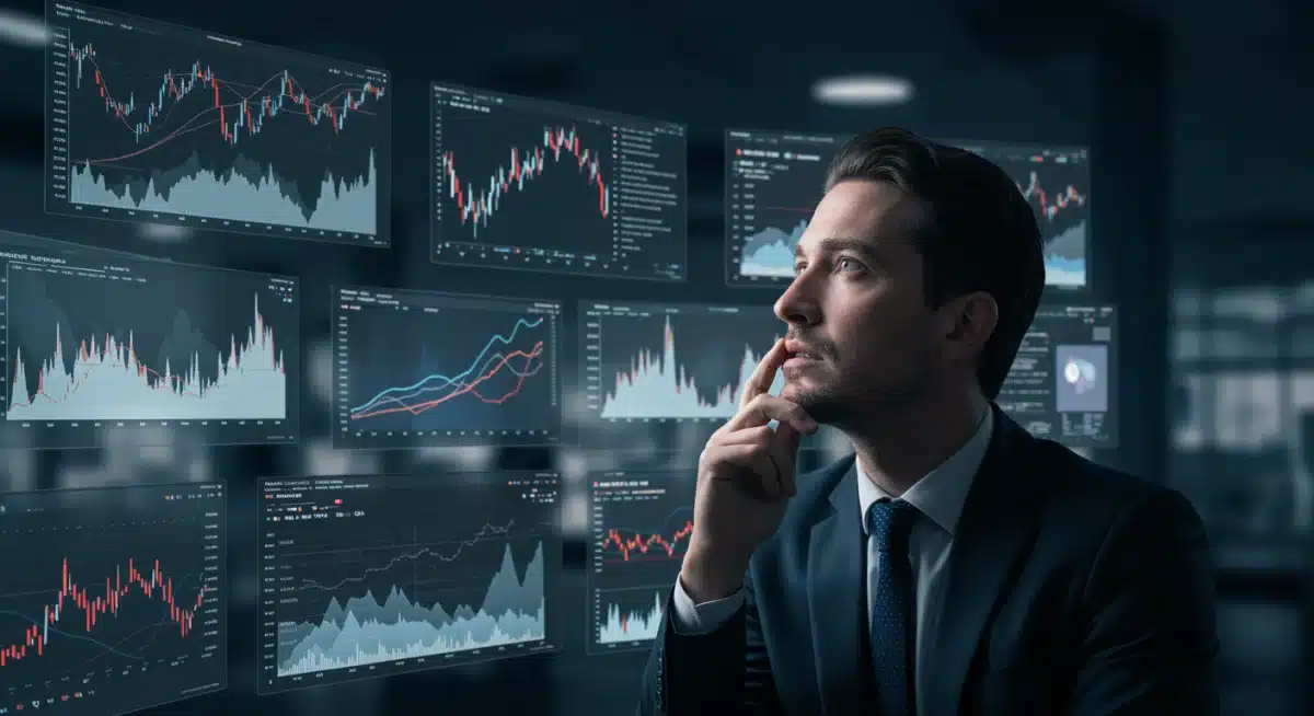 Investor analyzing financial data screens, stock market trends, and economic indicators