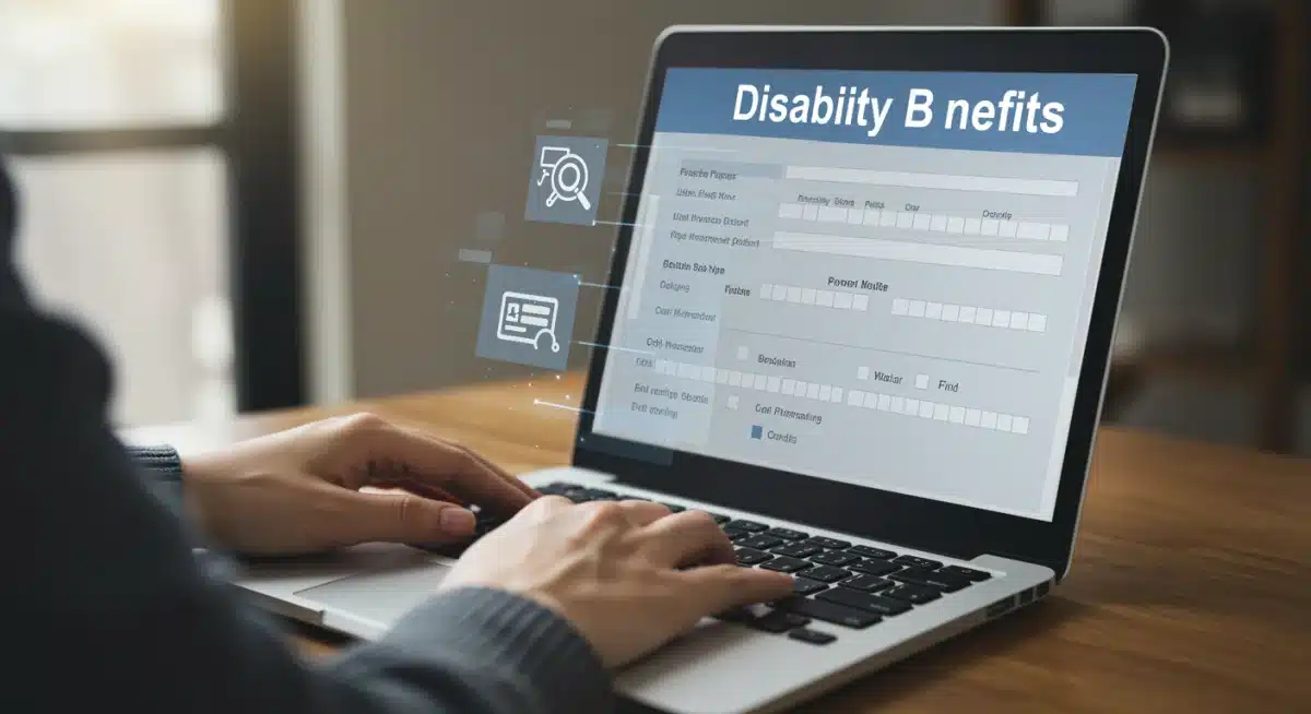 Hands typing on laptop filling out online disability application form.