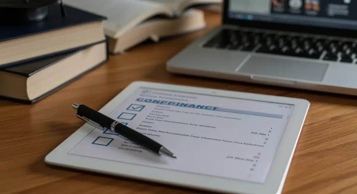 Digital tablet with compliance checklist for online education accreditation.