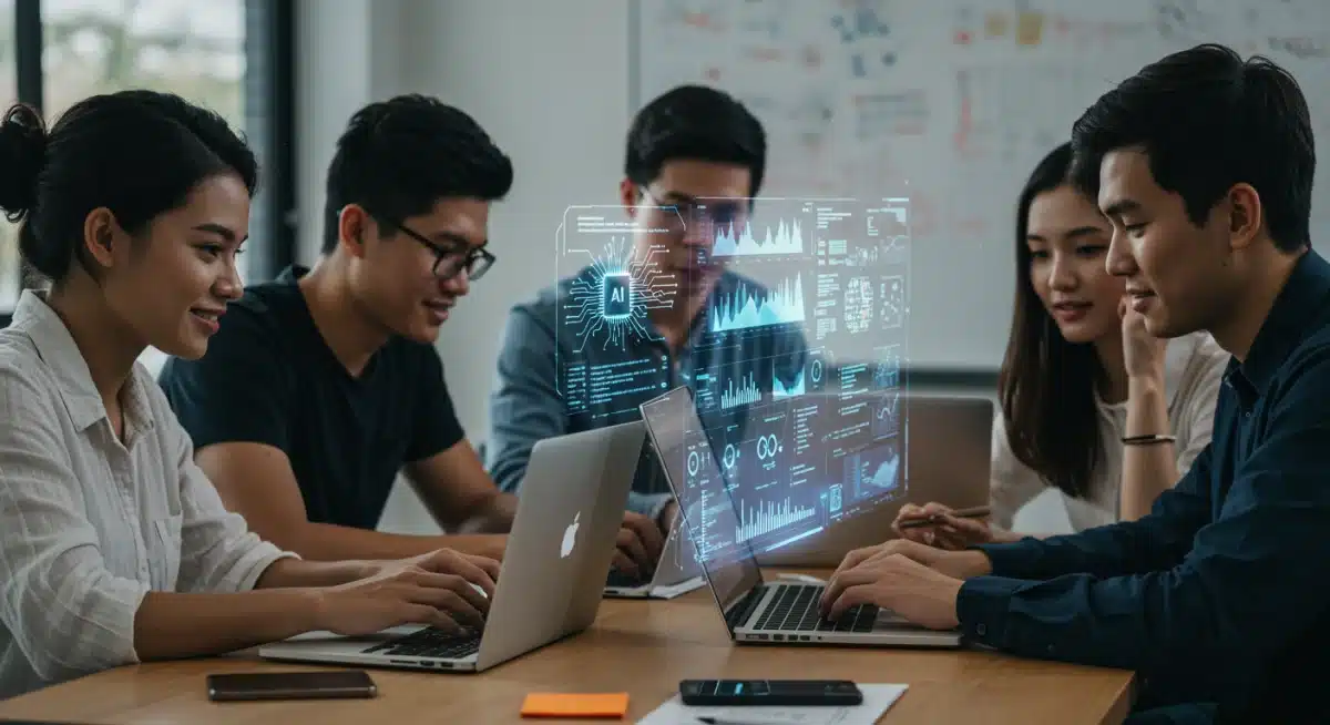 University students collaborating on AI projects, utilizing data analytics and holographic projections.