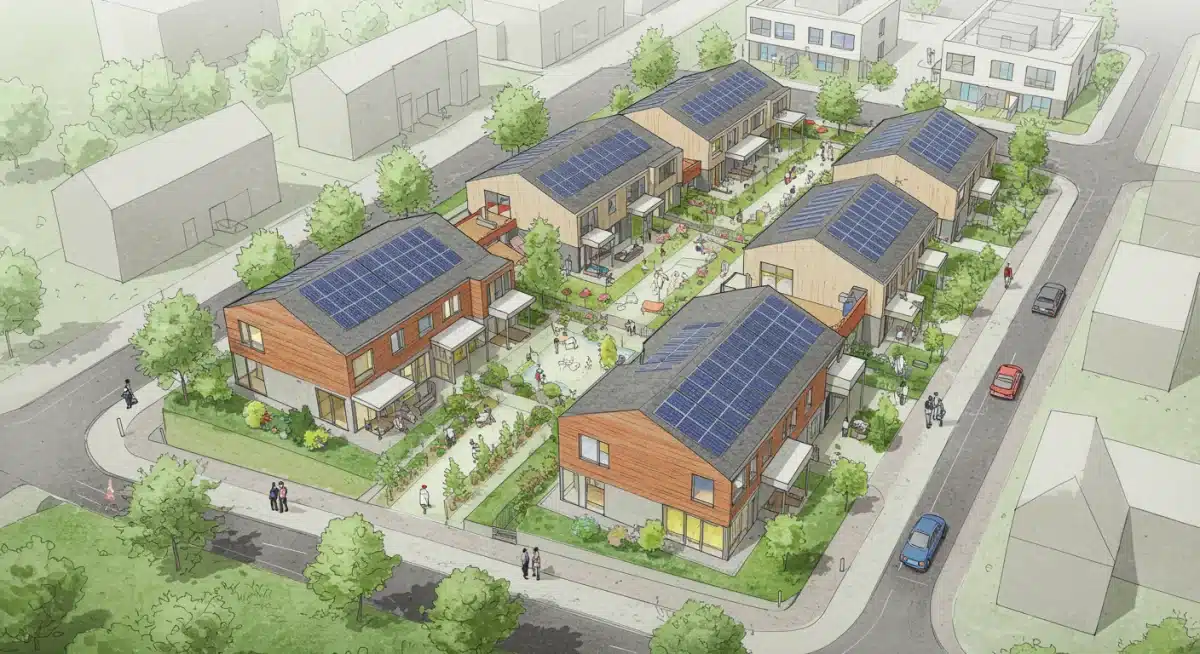 Architectural blueprint of a sustainable multi-family affordable housing complex.