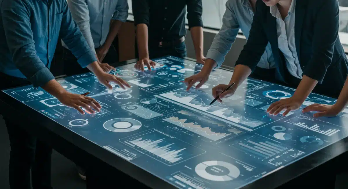 Professionals analyzing tech market data and economic forecasts on an interactive digital table.