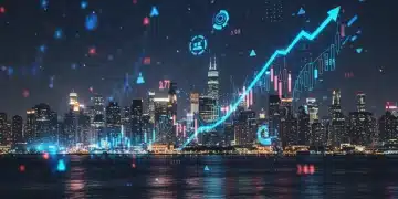 Futuristic cityscape with digital charts symbolizing strong tech sector growth and economic prosperity.