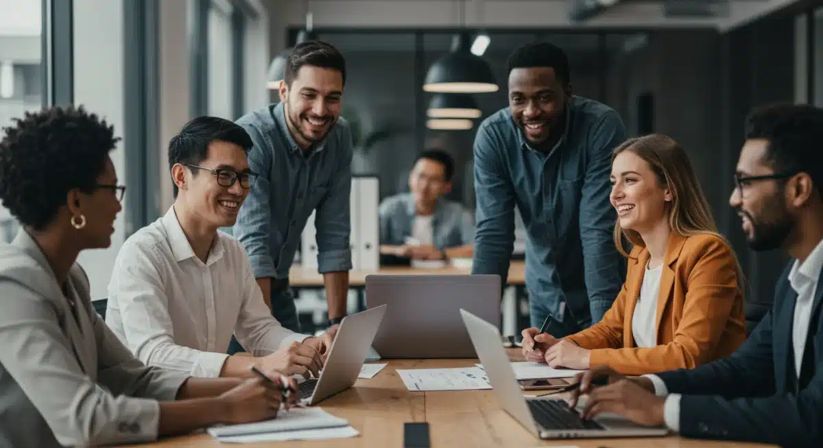 Professionals collaborating in an office, representing a strong job market and employment growth.