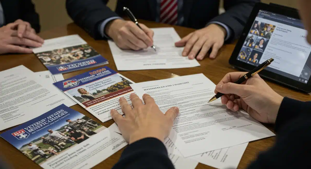 Hands signing official documents related to veterans' benefits applications.