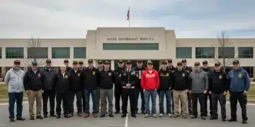 Veterans gathered outside a government building, representing updated benefits.