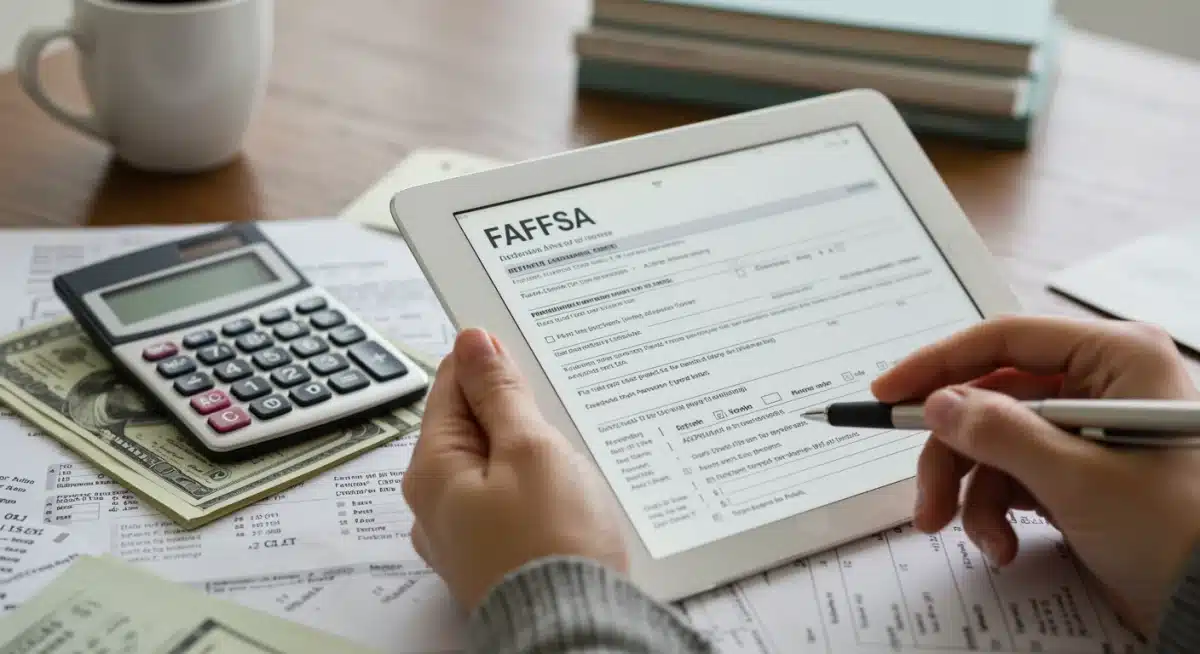 Person meticulously filling out the FAFSA form on a tablet, surrounded by financial documents.