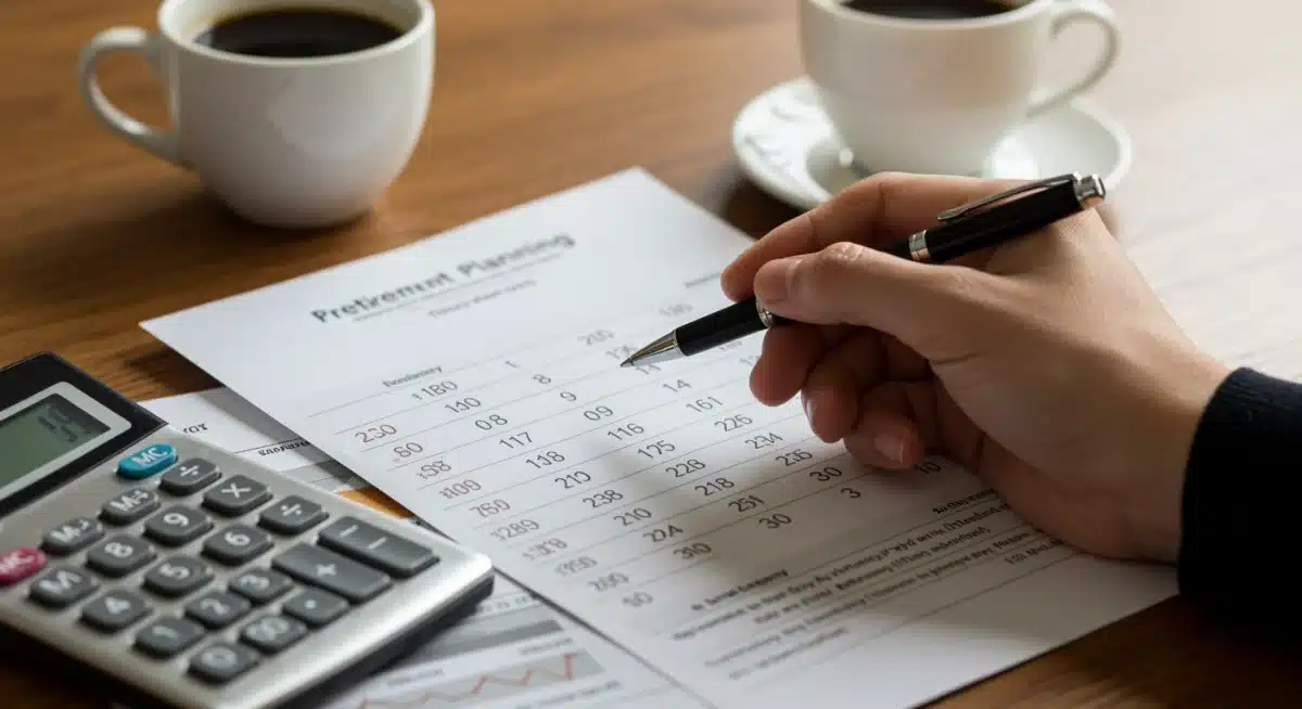 Hand pointing at financial planning documents and calendar for 2026 benefits