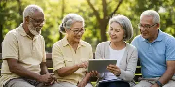 Happy retirees discussing financial planning on a tablet in a park