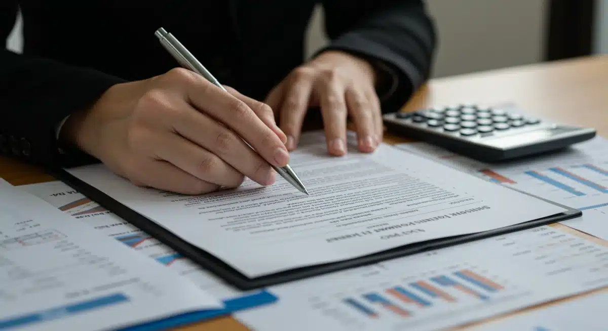 Hand highlighting crucial details in a regulatory document for small businesses