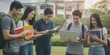 Students reviewing financial aid documents for college