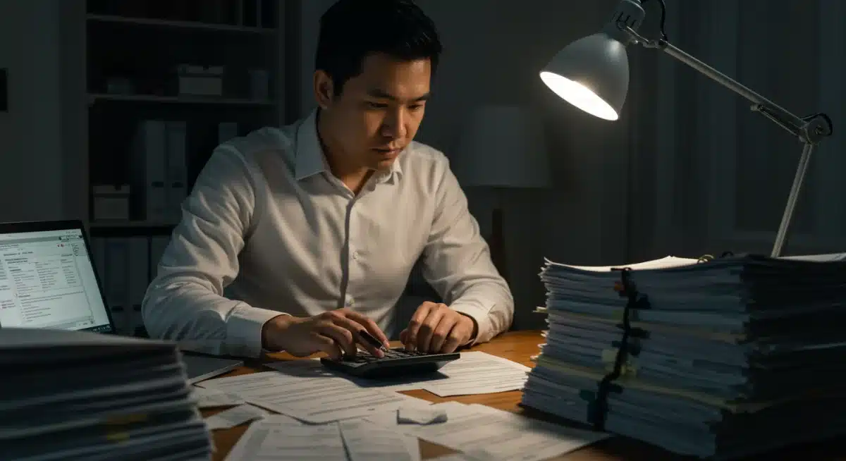 Individual meticulously calculating tax deductions on a laptop with financial documents.