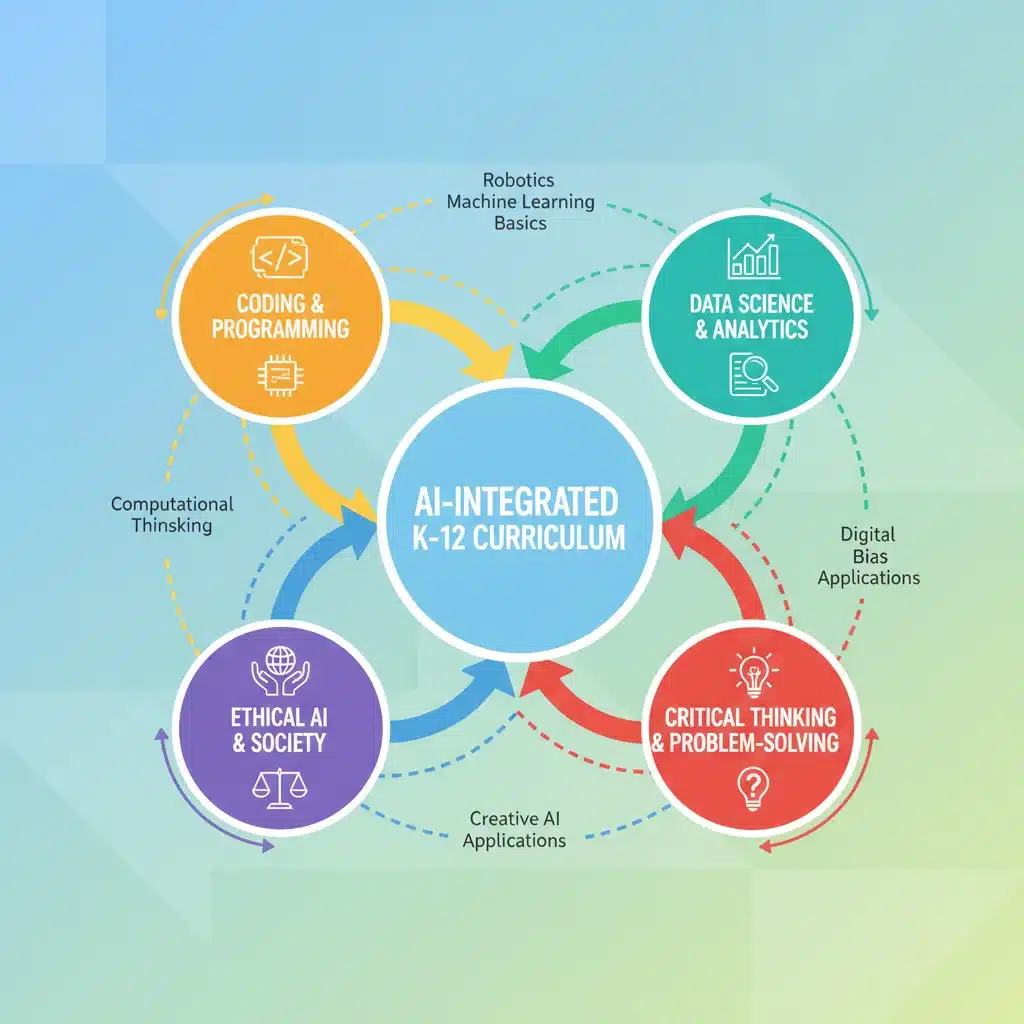 Infographic showing key components of an AI-integrated K-12 curriculum.
