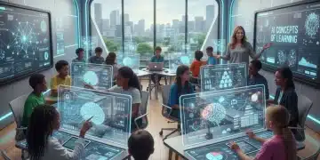 Students learning AI concepts in a modern classroom, preparing for future careers.