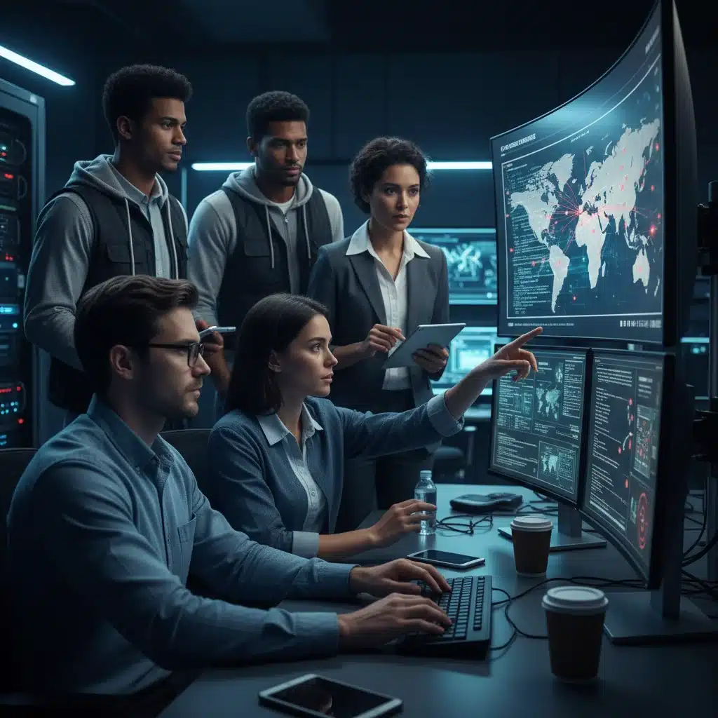 Cybersecurity professionals collaborating in a secure operations center, analyzing threat intelligence.